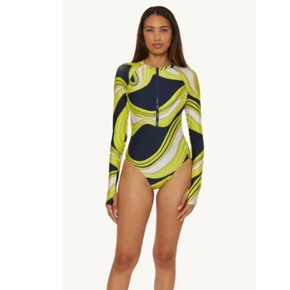 Trina Turk Long Sleeve Zip Up One Piece Swimsuit Rash Guard